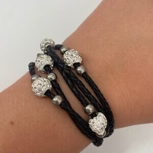 Pave rhinestone braided leather multi strap bracelet